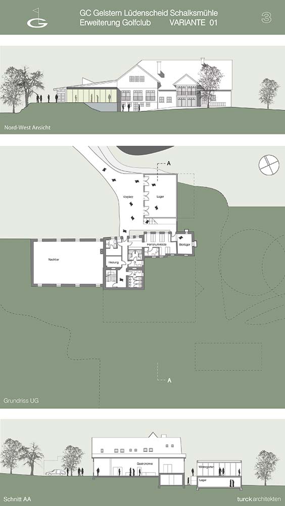 Architektur-Präsentation mit Ansicht Grundriss eines Golfclubs.